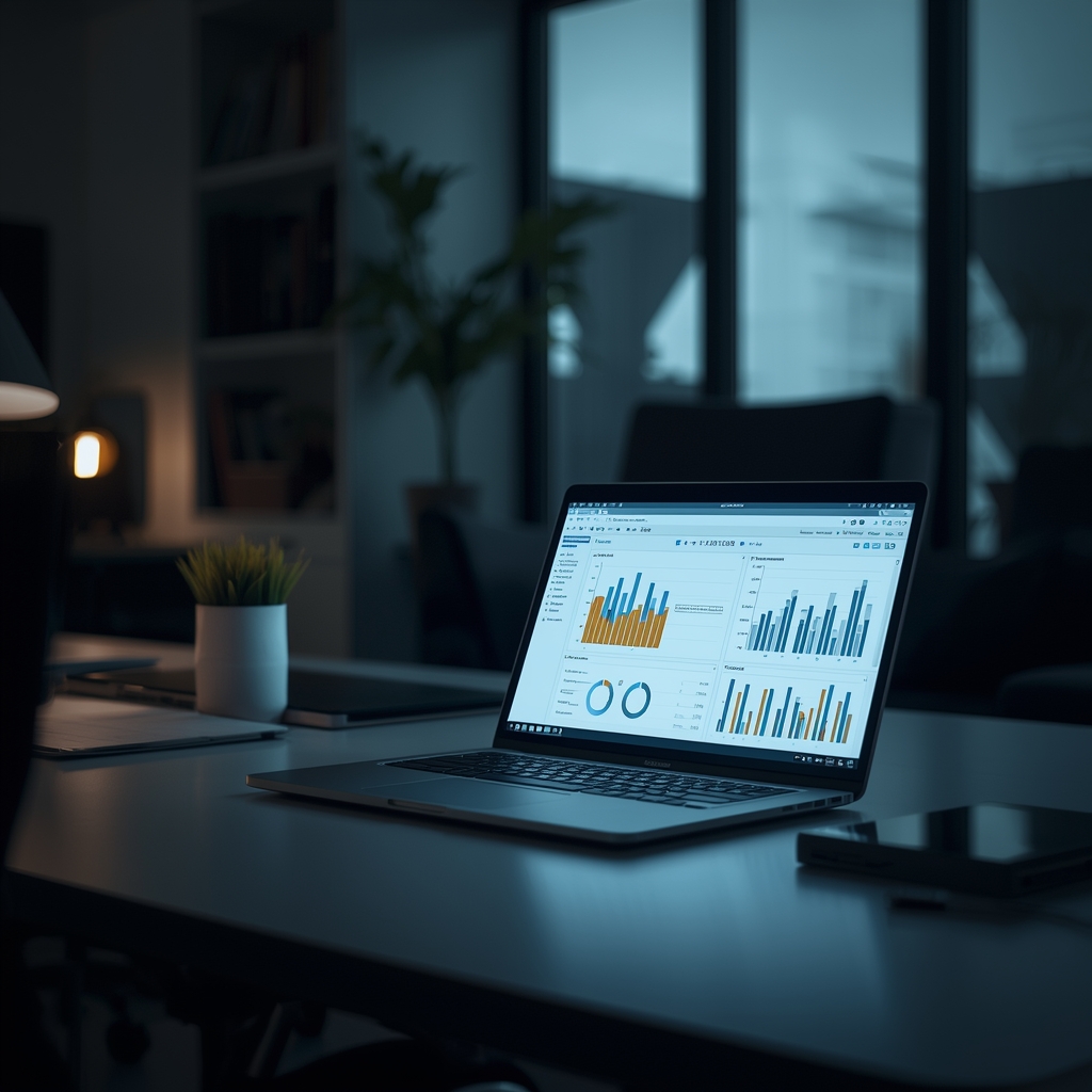 A modern minimalist office workspace with a glowing laptop showing business analytics, cinematic lighting, no people